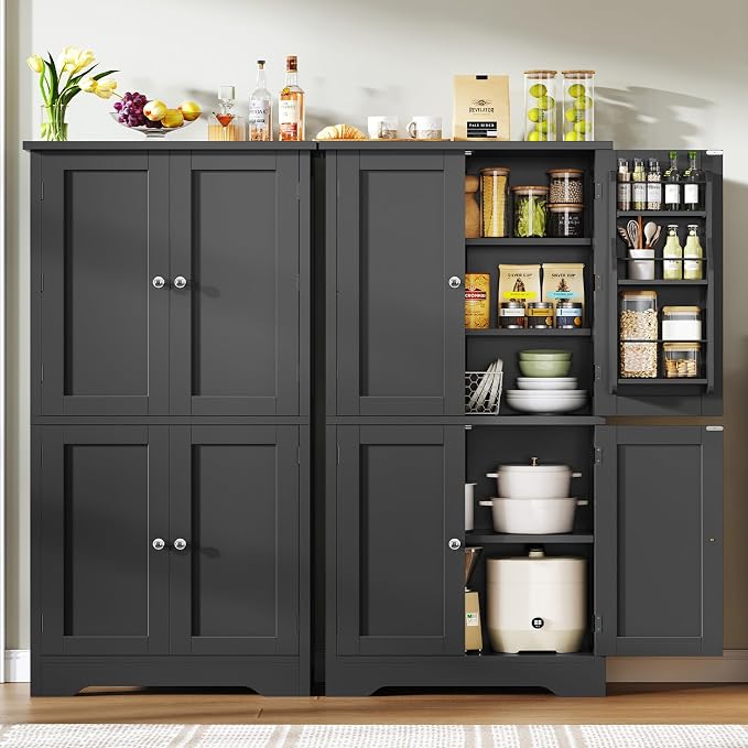 51" H Pantry Cabinet with 4 Doors, Kitchen Cabinet with 6 Door Shelves, Kitchen Pantry for Living Room, Dining Room, Bathroom, Black