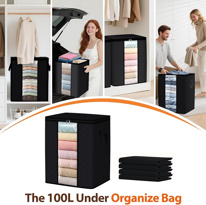 SpaceWhisper 4 Pack 100L Clothes Storage, Foldable Thick Fabric Blanket Storage Bags, Containers for Organizing Bedroom, Closet, Clothing, Comforter,Closet Organization with Handle,Black