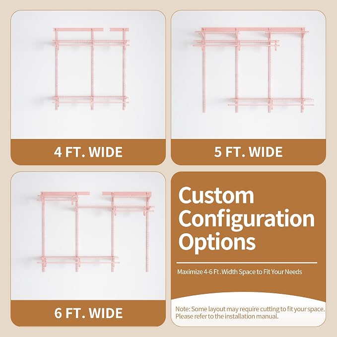 PROWORX 4-6 Ft. Pink Custom Insert Wire Closet Organizer System Kit | Adjustable Wall Mounted Metal Wire Closet Shelving System, Closet Shelves with Hanging Rods for Pantry Laundry Mudroom