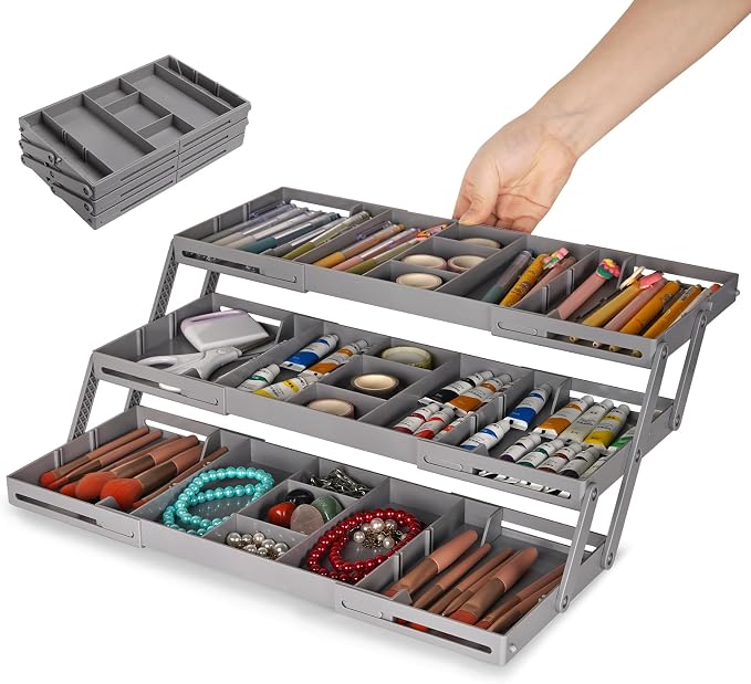 3 Tier Drawer Organizer Versatile Expandable Junk Drawer Organizer Grey | Multi-level Desk Organizer for Makeup, Jewelry, Cosmetics, Kitchen Storage, Smart Office Supply Drawer Storage for Gifts