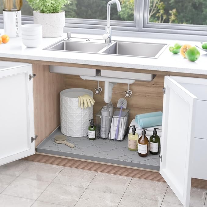 SIKADEER Waterproof Under Sink Mat Food-Grade Kitchen Shelf Liner 28" x 22" | Thick Raised Edge Cabinet Protector, BPA Free Kitchen Organizer and Storage, Non-Slip Dog & Cat Mat, Silicone Drying Mat