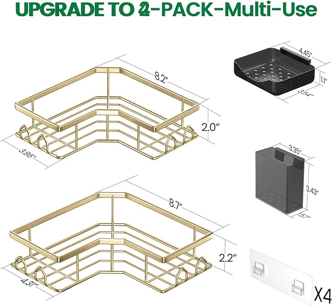 Adhesive Shower Caddy, 4 Pack Corner Bath Organizer, Rustproof Stainless Steel Shower Shelves with Large Capacity, No Drilling Shelves for Bathroom Storage, Home, Kitchen Décor(Gold)