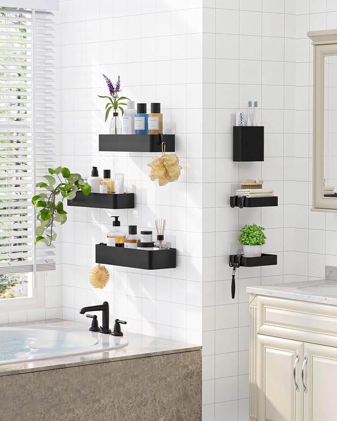 Kitsure Large Shower Caddy - Adhesive 6-Pack Bathroom Shelves, Black | No-Drilling Rustproof Shelves with Soap Holder, Toothbrush Holder, 6 Hooks, Stylish Bathroom Organizers and Storage Solution