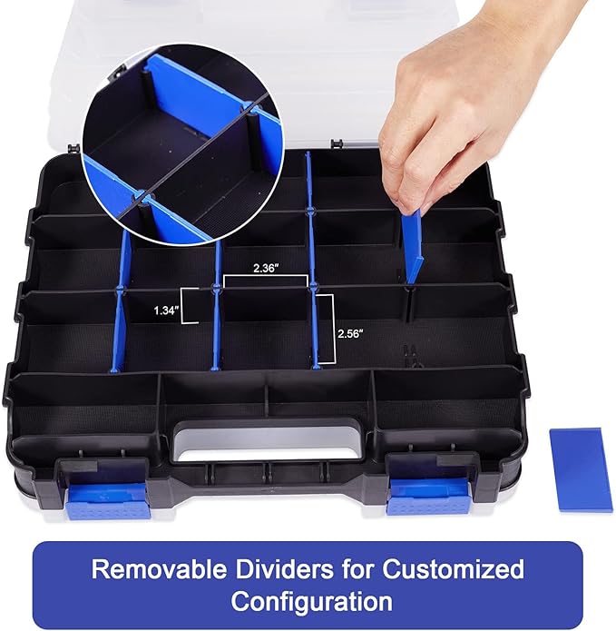 AIDY-PRO Hardware Organizer Box 34 Compartments Small Parts Organizer with Removable Dividers Durable Plastic Double Side Tools Box Screw Organizers For Nuts, Bolts, Screws, Nails 2Pack
