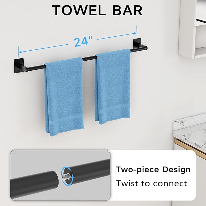 KLJKPA Black Bathroom Accessories Set, 4-Piece Bathroom Hardware Set | 24 inch Towel Bar, Towel Racks for Bathroom, Robe Towel Hooks, Toilet Paper Holder Wall Mounted