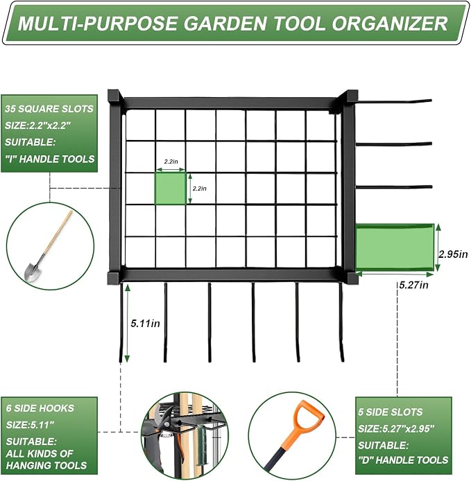 Garden Tool Organizer, Garden Yard Tool Rack for Garage, Garage Organization and Storage, Metal Yard Tools Storage up to 46 Tools/Rake/Broom/shovel/, Suitable for Garage, Yard, Patio, Shed