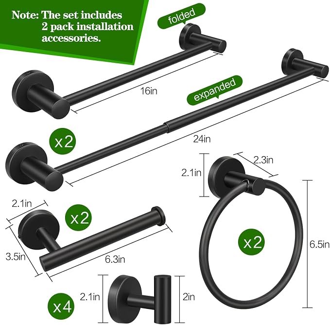 10pcs Matte Black Retractable Bathroom Hardware Set, | Including 24in Retractable Hand Bar, Toilet Paper Holders, Towel Rings, Multifunctional Robe Hooks