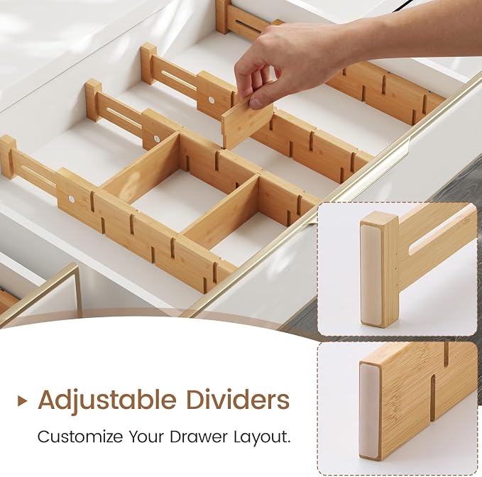 Bamboo Drawer Dividers 6 Pack with Inserts, Kitchen Adjustable Drawer Organizers for Home, Bedroom, Dresser, Expandable Organization 6 Dividers with 12 Inserts