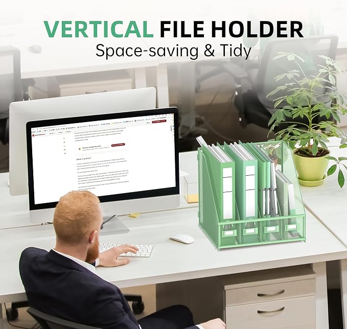 DALTACK 4-Slot Magazine File Holder, Metal Binder Holder, Mint Green | Iron Mesh Construction, Labeled Sections for Easy Sorting, Anti-Slip Feet, Binder and Folder Storage for Office, Classroom