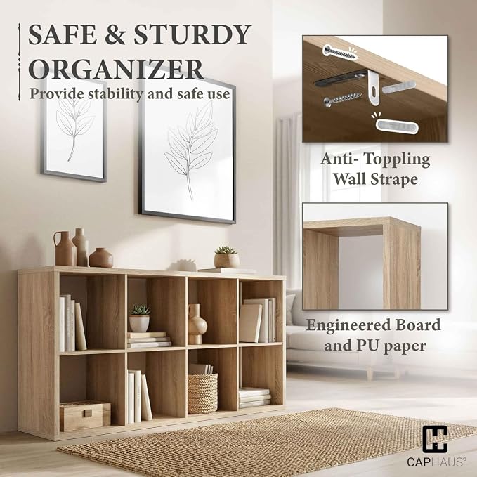 CAPHAUS Sturdy Room 13-Inch Cube Storage Organizer Shelf, with Extra Thick Exterior Edge, Open Storage Shelf Divider, Bookcase, 9-Cube, Natural Oak