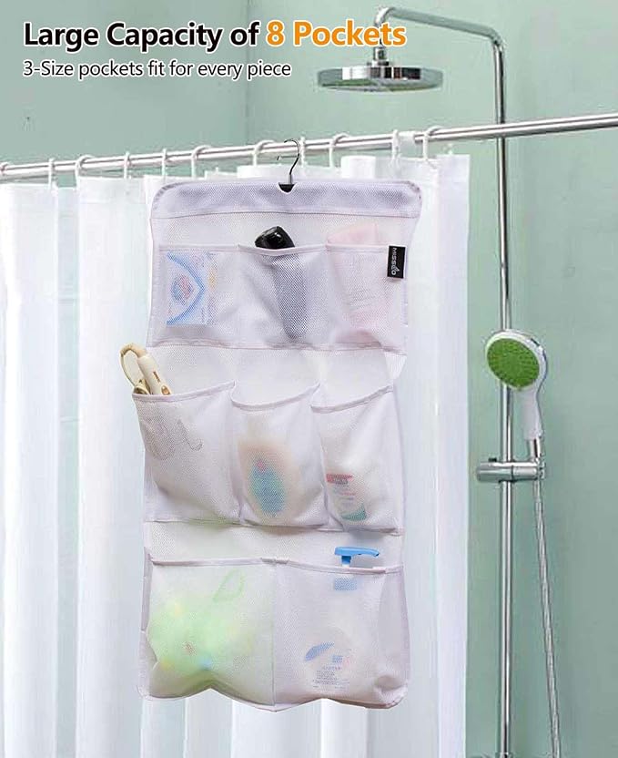 MISSLO 8 Pockets Mesh Shower Organizer Hanging Caddy with Rotating Hanger Quick Dry Bathroom Storage (White)