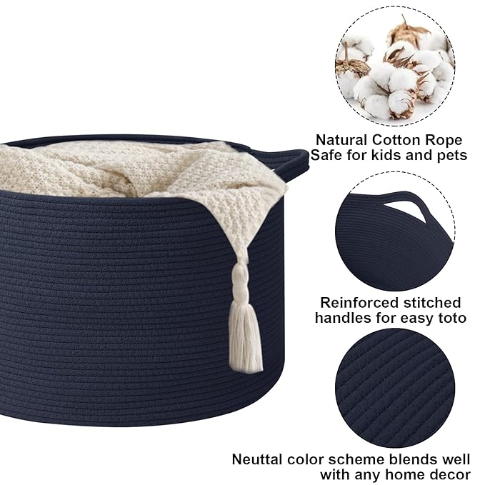 115L Extra Large Woven Cotton Rope Laundry Basket-Navy Blue | Collapsible, reinforced handles, nursery storage bin organizes clothes, toys and pillows for living room, bedroom bathroom