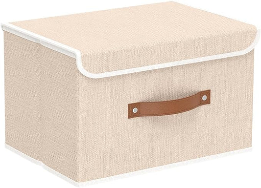 Yawinhe Collapsible Storage Boxes,Beige,10.2x7.9x6.7in,1-Pack | Fabric Storage bin with Lids, Washable Cube Organizer Basket; Container with Leather Handle,Closet Organizer for Home