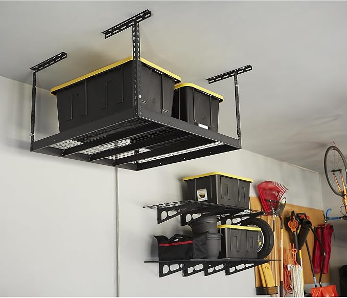Klutch Overhead Garage Storage Rack, Adjustable Height, 350-Lb. Capacity | 48in.L x 48in.D x 23-37in.H, Accessible organization, Garage and workshop storage, Easy inventory visibility