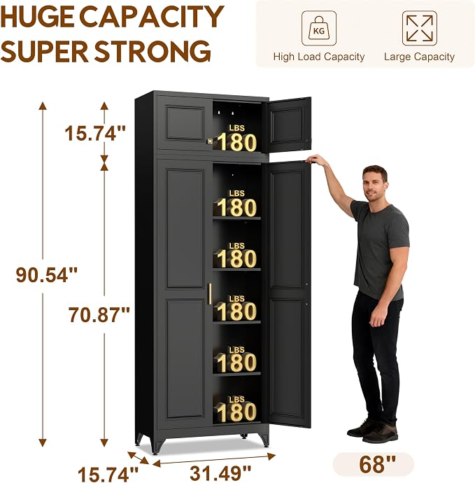UNICOLY 90.8" Kitchen Pantry Cabinet, Metal Storage Cabinet with 4 Shelves | Tall Storage Cabinet with Doors and Shelves,Freestanding Cupboardfor Kitchen, Living Room, Dinning Room, Assembly Required
