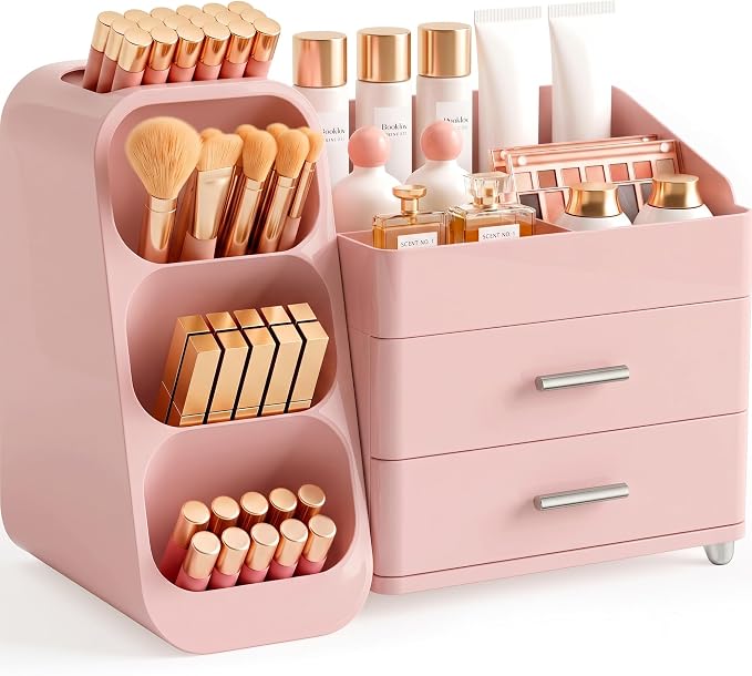 Booklov Large Makeup Organizer for Vanity Countertop, Pink | Plastic Cosmetic Display Case with Drawers, Beauty Brush Holder for Bathroom Counter, Skin Care Perfumes Storage