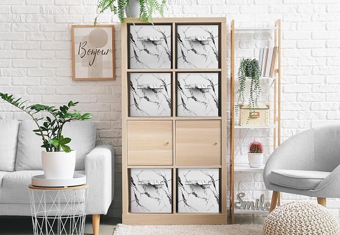 Sorbus Collapsible Storage Bins - 11" Sturdy Foldable Fabric Storage Cubes with Handle - 4 White Marble Organization and Storage Baskets for Organizing Pantry, Closet, Nursery, Dorm, Toy Storage