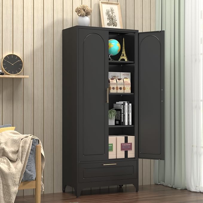 Polup 75" Tall Black Metal Pantry Storage Cabinet with 1 Drawer | Heavy-Duty Steel Kitchen Cabinet, 3 Adjustable Shelves & Magnetic Doors, Leveling Feet, for Dining Living Room, Laundry