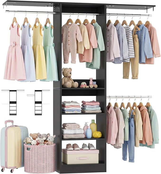 48" Small Closet System, Space-Saving Wall-Mounted Wardrobe Organizer, Mini Garment Rack for Narrow Spaces, Morning Outfit Prep Station & Nursery Dress-up Storage, Black