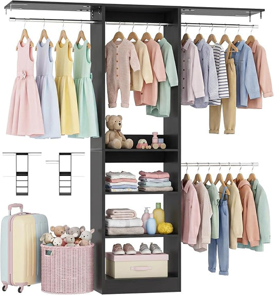 48" Small Closet System, Space-Saving Wall-Mounted Wardrobe Organizer, Mini Garment Rack for Narrow Spaces, Morning Outfit Prep Station & Nursery Dress-up Storage, Black