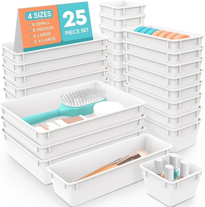 SpaceHacks 25 PCS Plastic Drawer Organizer Set, 4-Size Versatile Organizer Trays & storage Bins for Makeup, Jewelry, and Gadgets in Bathroom, Bedroom and Office, White
