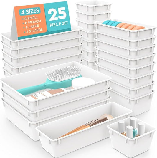 SpaceHacks 25 PCS Plastic Drawer Organizer Set, 4-Size Versatile Organizer Trays & storage Bins for Makeup, Jewelry, and Gadgets in Bathroom, Bedroom and Office, White