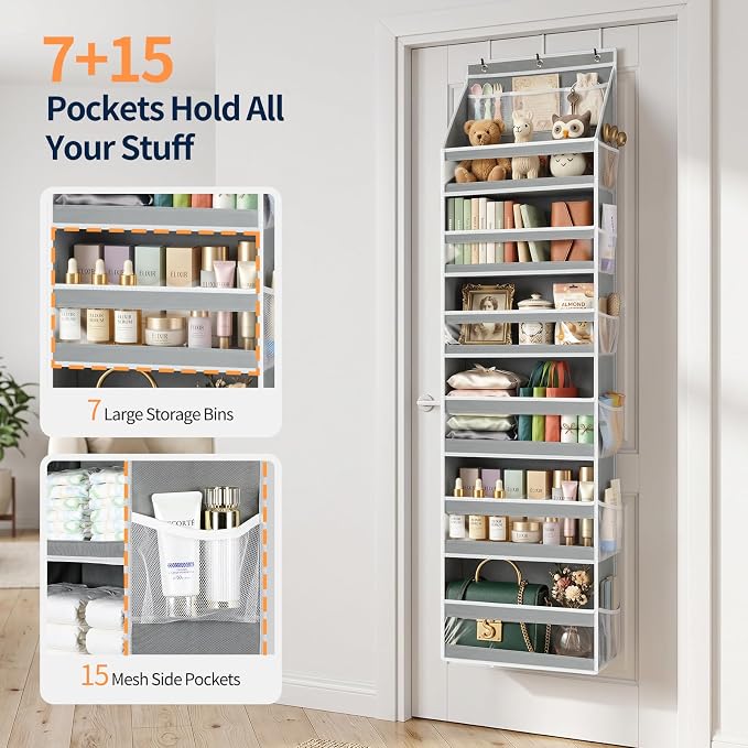 Yecaye 7 Tier Over the Door Organizer, Large Capacity Door Organizer Hanging with Clear PVC Windows, Behind the Door Storage for Bedroom Nursery Closet Laundry Pantry Bathroom, Grey