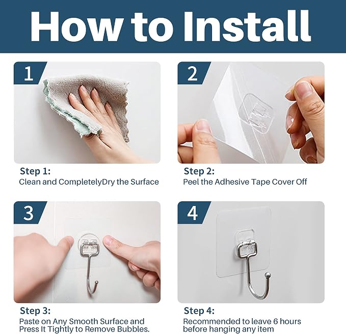 Antimbee 50 Pack Clear Adhesive Hooks, 37lb(Max) Heavy Duty Self Adhesive Hooks, Sticky Wall Hook with No Damage and Quick Assembly, Waterproof Bathroom Kitchen Wall Accessories Hanger and Holder