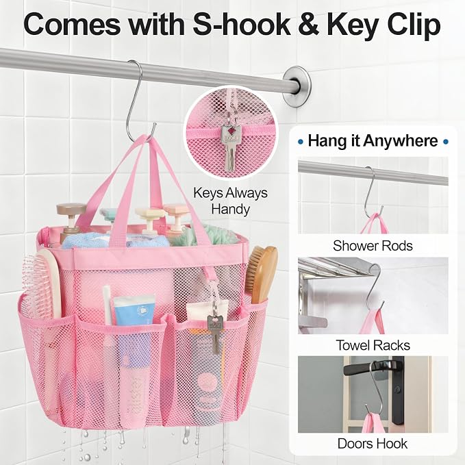 Mesh Shower Caddy Portable - 8 Pockets, S-Hook, Shower Bag for Dorm Camping | 2-Handle, Quick-Dry, Hanging Toiletry Organizer, College Dorm Room Essentials for Girls, Gym, Travel & Bathroom, Pink