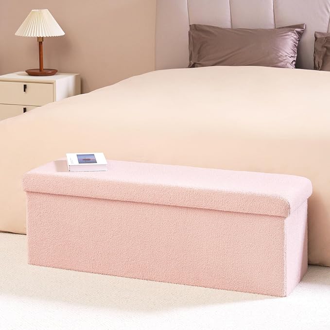 PINPLUS Storage Ottoman Bench Sherpa Foot Rest, Foldable Boucle Ottomans, Large Faux Teddy Fur Ottoman Storage Box Entryway Bench for Dorm, Pink, 43.3'' x 15'' x 15''