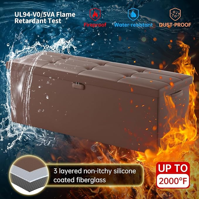 ENGPOW Storage Ottoman, Fireproof Folding Bench with Lock(15”x 43”x15”), Water-Resistant ＆ Heat Insulation Large Storage Chest with Handles＆2 Extra Spaces Safe for Living Room, Bedroom, Home, Brown
