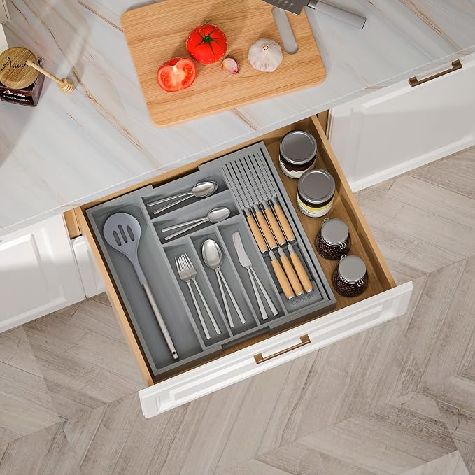 Expandable Bamboo Silverware Drawer Organizer Kitchen Tray, Grey | Removable Knife Block, Holds 7 Knives, Adjustable Dividers, 12.6-21.45 x 16.3 x 2.13 in, Drawer Insert for Utensils, Forks