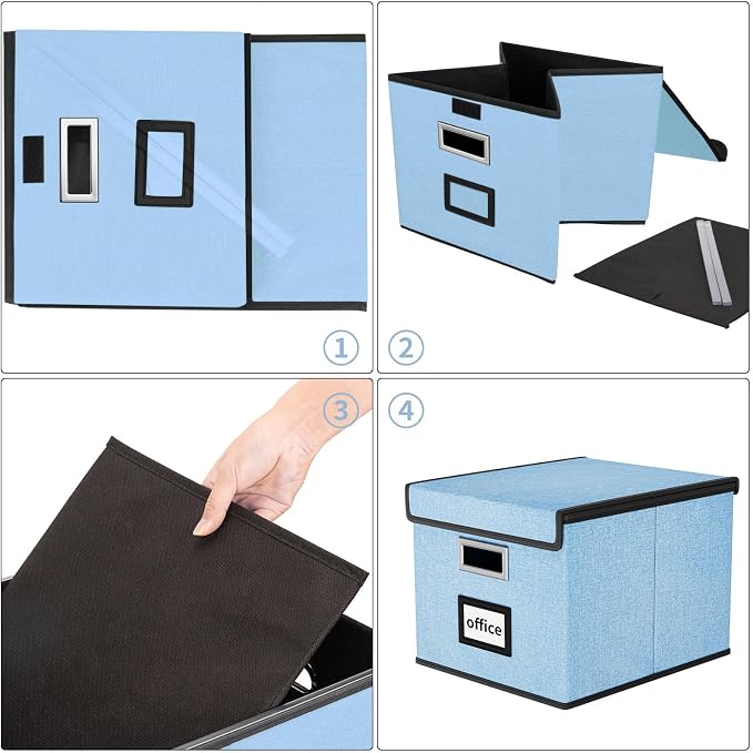 File Organizer Box with Lids, Collapsible File Folder Organizer | File Box with Plastic Slides for Document, Filing Bin for Letter Size Hanging File Folders (1 Pack, Powderblue)