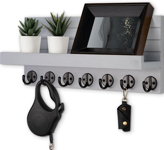 Lwenki Key Holder Wall Mount, Entryway Key and Mail Holder with 7 Sturdy Hooks for Sunglasses, Dog Leash, Decorative Wall Shelf with Mounting Hardware, 15”W x 6.7”H x 4.2”D (Gray)