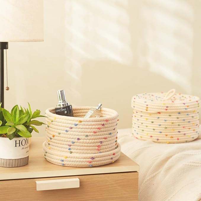 2pcs Small Basket, Cute Basket with Lid & Decorative Bin for Storage | small woven basket rope basket decorative basket gift basket