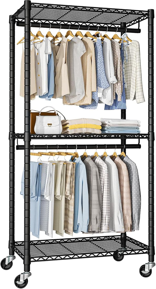 FUTASSI Heavy-Duty Portable Closet, 30"W x 14"D x 76"H, Black, Carbon Steel | Metal Rolling Clothing Rack, Closet System with Wheels and Shelves for Hanging Clothes, Portable Wardrobe Organizer Storage