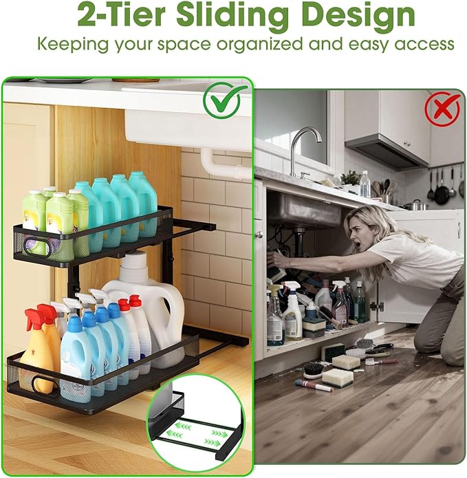 Under Sink Organizer 4-Pack, Metal 2-Tier Pull-Out Cabinet Shelf with Slide-Out Mesh Drawers, Height Adjustable, Space-Saving Storage Racks for Kitchen, Bathroom, Laundry Room