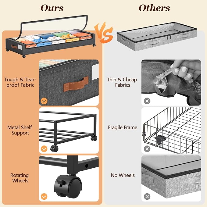 Yecaye 85 L Under Bed Storage with Wheels, 2 Pack Extra Large Under Bed Storage Containers with Metal Frame & Clear Lid, Rolling Underbed Organizer Bins Drawers for Clothes, Shoes, Blankets, Hemp Grey
