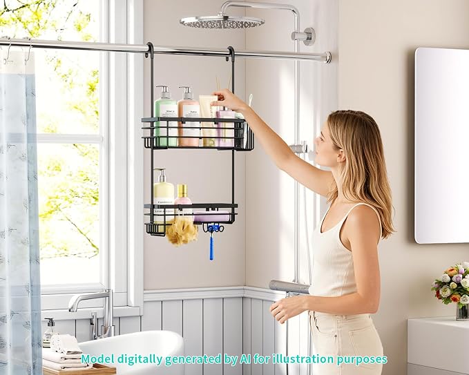 HapiRm Hanging Shower Caddy – For Renters & Small Bathrooms, Fits Shower Curtain Rods, No Drilling, 2 Rustproof 304 Shelves, 4 Hooks, and a Detachable Toothbrush Holder You Can Rinse - Black