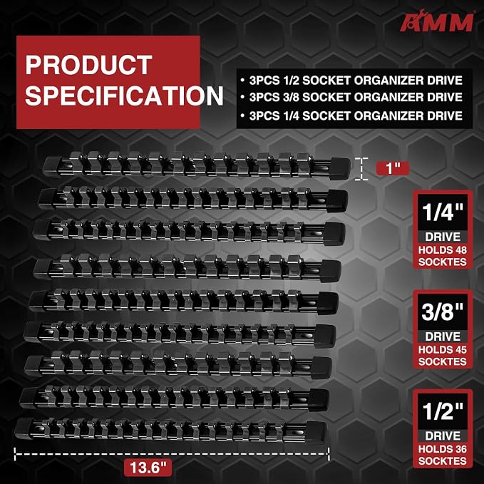 AMM 9-Piece Socket Organizer, 1/2 inch, 3/8 inch and 1/4 inch Drive ABS Tools-Black Socket Holder,Heavy Duty Socket Racks, Premium Quality Socket Clip Rail Holder,The best tool trays in the garage