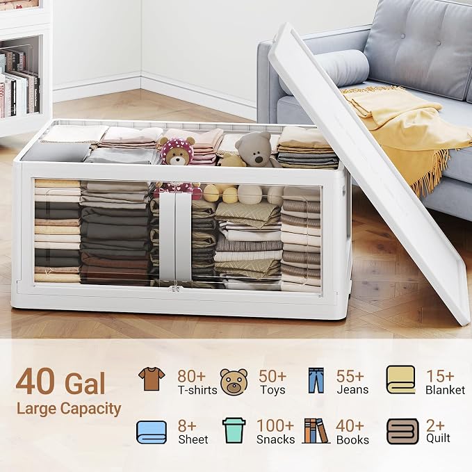 BROVIEW 160QT Stackable Storage Bins with Lids, 40Gal Extra Large Collapsible Storage Box with Wheel, Plastic Storages with Clear Door Open Front for Home Kitchen Garage, White-1pack(1 lid)