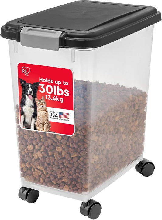 IRIS USA Dog Food Storage Container, Airtight, 30 lb Capacity, Wheels | Airtight seal keeps kibble, bird seed, and pet food fresh while wheels provide easy mobility around the home.