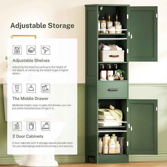 67" H Tall Bathroom Storage Cabinet with Barn Doors and Drawer, Narrow Bathroom Cabinet, Narrow Storage Unit, Adjustable Shelves, Floor Cabinets for Living Room, Forest Green