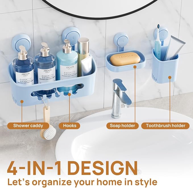 LEVERLOC Shower Caddy Suction Cup Set Shower Organizer & Soap Holder, Blue | Toothbrush Holder, Bathroom Shelf Basket NO-Drilling, Removable Shower Storage, Waterproof Bathroom Holder