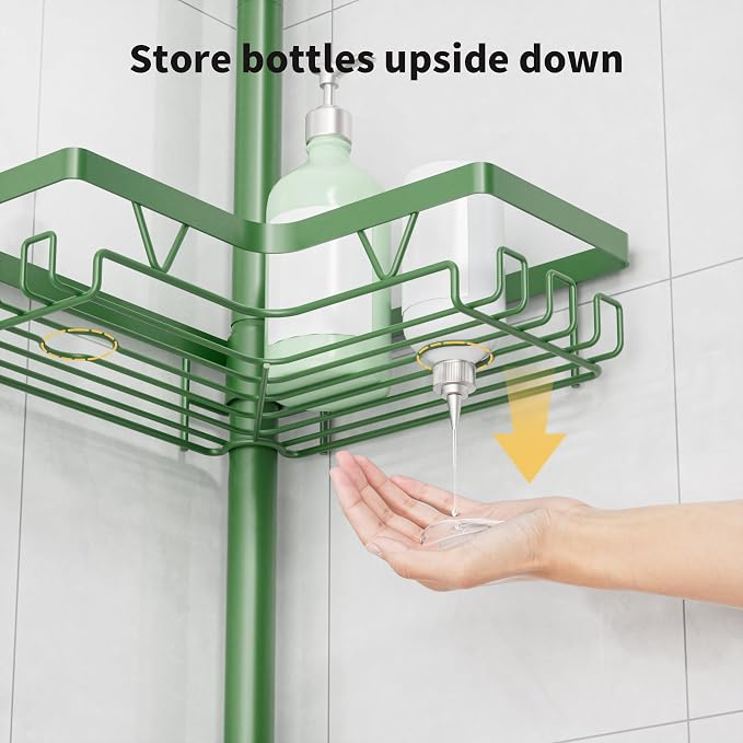 KEGII Shower Caddy Tension Pole, Bathroom Storage Shelf, Emerald Green | Space-Saving 4-Tier with 28 Hooks and Soap Holder, No Drill Setup for Renters, Adjustable Floor to Ceiling Shower Storage