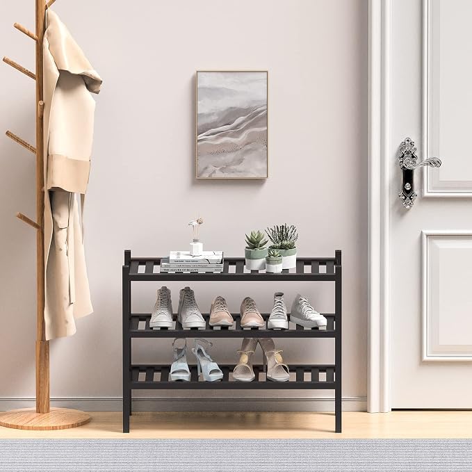 ROMGUAR CRAFT 3 Tier (Thick) Bamboo Shoe Rack for Entryway, Small Wood Shoe Shelf Storage Organizer for Closet, Shoe Stand for Hallway, Stackable and Sturdy 27"x12"x21" Black