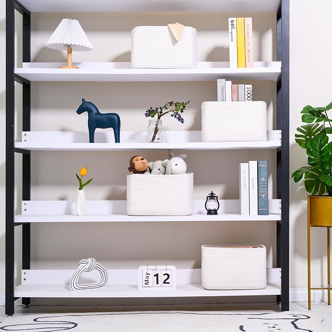 ICERZCZ Storage Baskets for Organizing 12.5"x9.1"x7.9" (4 Packs) Off White | Storage Bin for Shelves, Woven Cotton Rope Basket with Handles for Bedroom Living Room Nursery Bathroom