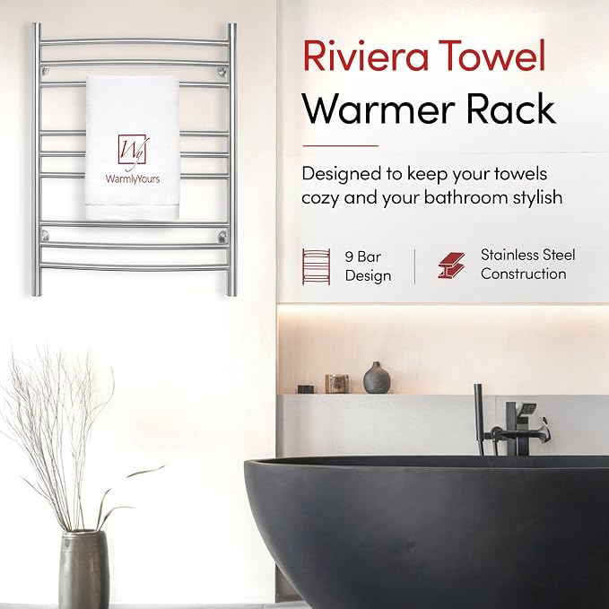 WarmlyYours Riviera Heated Towel Rack, 9 Bars, Polished Gold | Wall-mounted electric towel warmer, 150W, heated bars, dual connection for hardwired or plug-in installation
