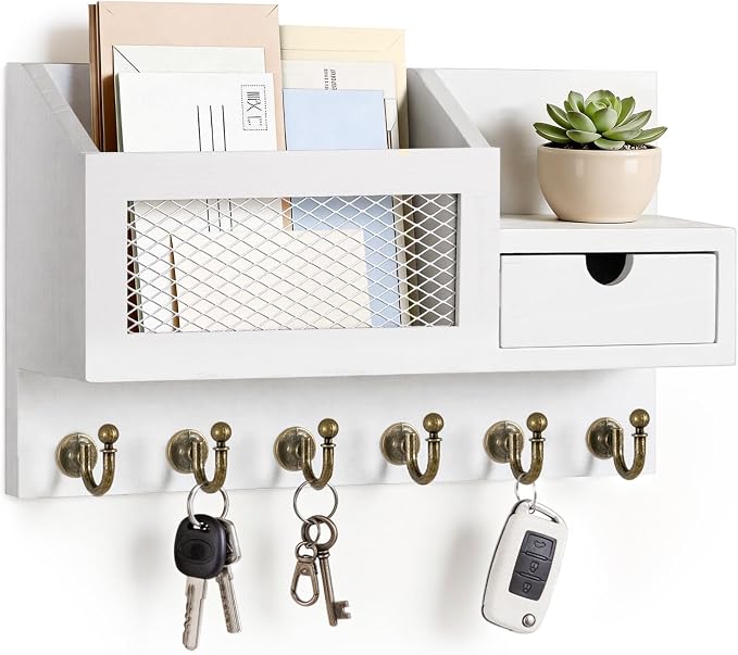 FifthQuarter Key Hanger Wall Mount with Drawer and 6 Sturdy Key Hooks | Wooden Entryway Organizer and Decorative, Easy Installation