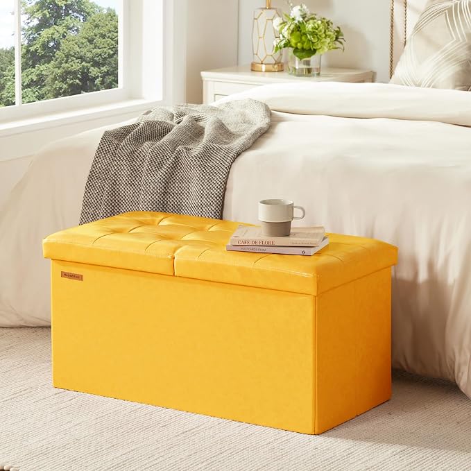 HAUSFRAU Ottoman with Storage Bench Folding Foot Rest Stool Yellow | 30", Flip Lid, Faux Leather, Upholstered Foldable Footrest Footstool, Bedroom Bench, Living Room Dorm Ottoman, Rectangle